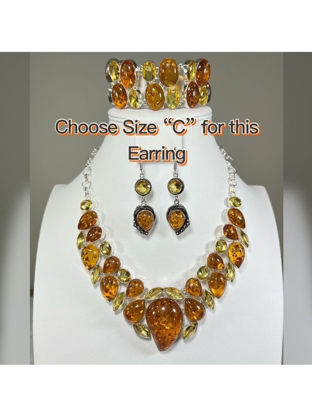 Amber & Citrine 925 Large synthetic stones Necklace Bracelet & ONE Earring ONLY - Picture 5 of 17
